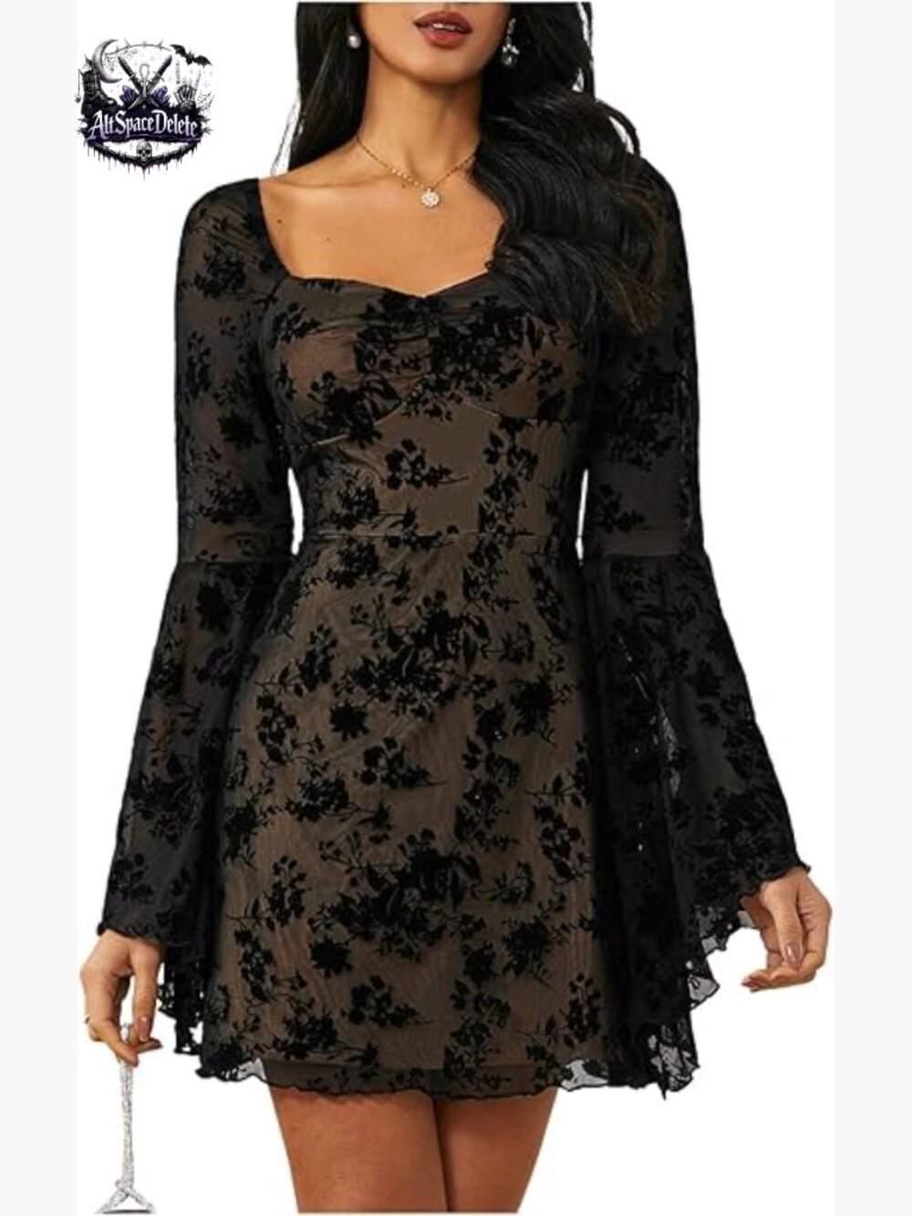 Floral Jacquard Mesh Gothic Dress Long Sleeve A-Line Vintage